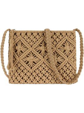 Women's Brown Crochet Shoulder Bag Handmade Woven Beach with Tassel for Summer